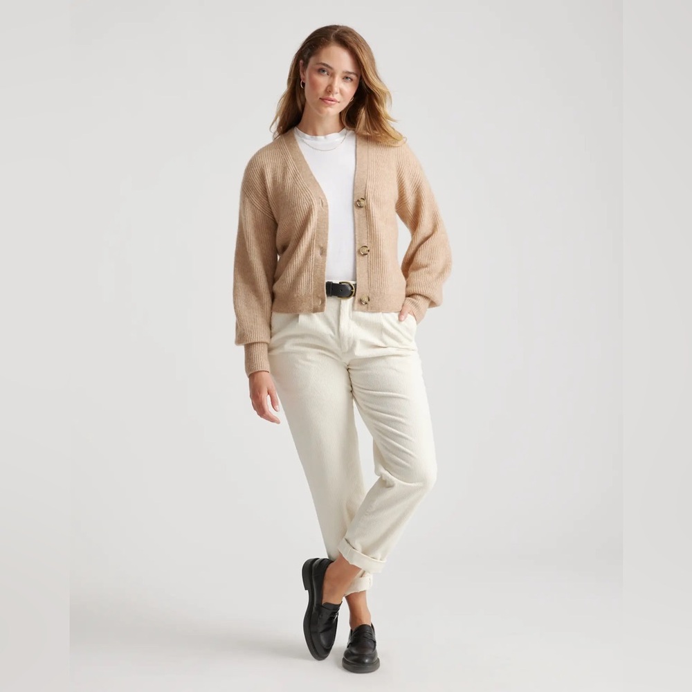 Quince Baby Alpaca-Merino Cropped Cardigan in Camel Women's Cardigan Sweater L - Picture 2 of 16